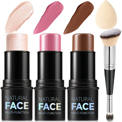3Pcs Cream Contour Stick Makeup Kit, Shades with Highlighter, Blush and Bronzer Contour Stick for Sculpt the Cheeks, Long Lasting, Waterproof, Matte & Dewy Finish (LIGHT MEDIUM(2+5+6)) LemonSac