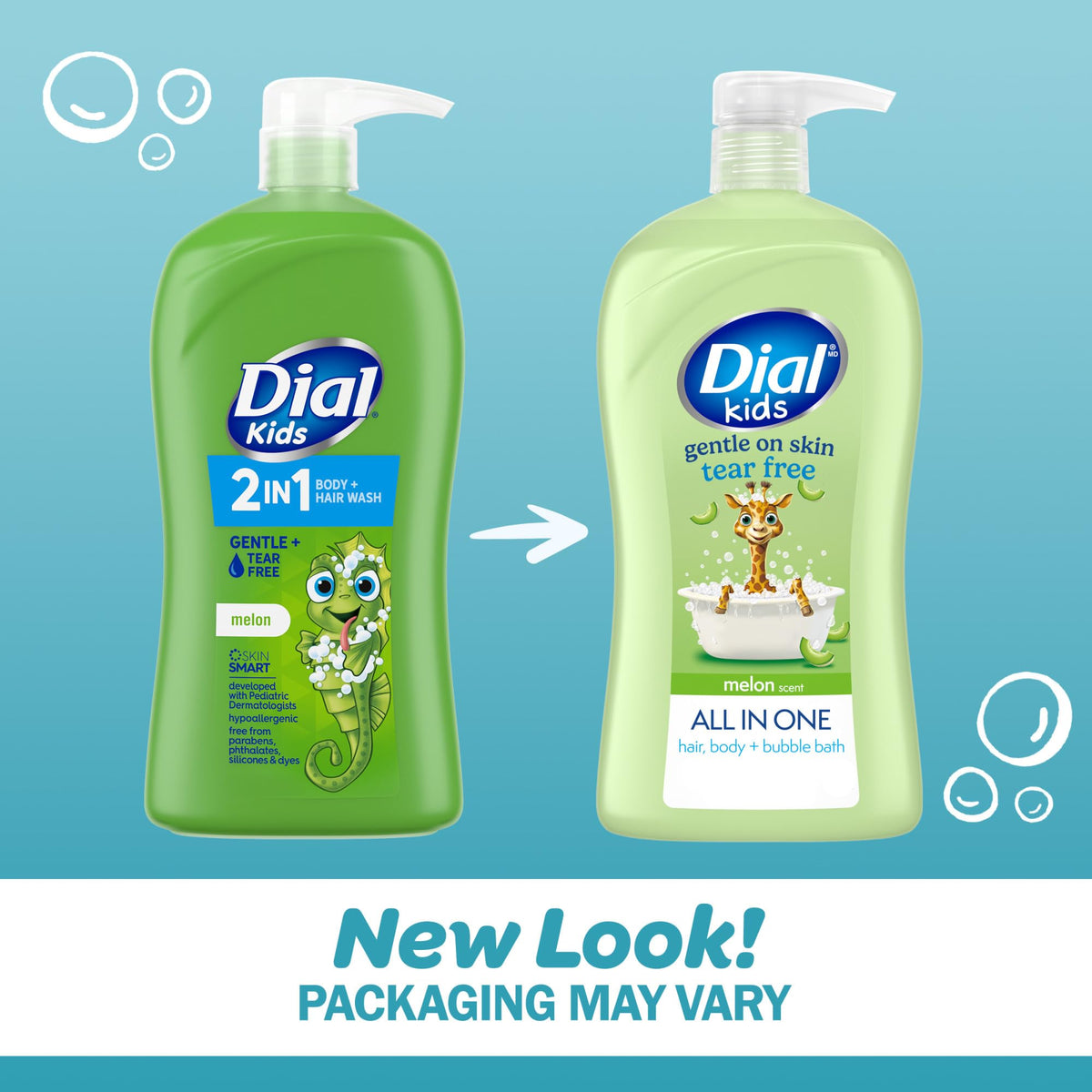 Dial Kids All-in-1 Body Wash + Hair + Bubble Bath, Melon Scent, 32 Fl Oz, Hypoallergenic Body Wash & Shampoo, No Tears Formula for Kids 2+ Years, No Parabens & Silicones Dial