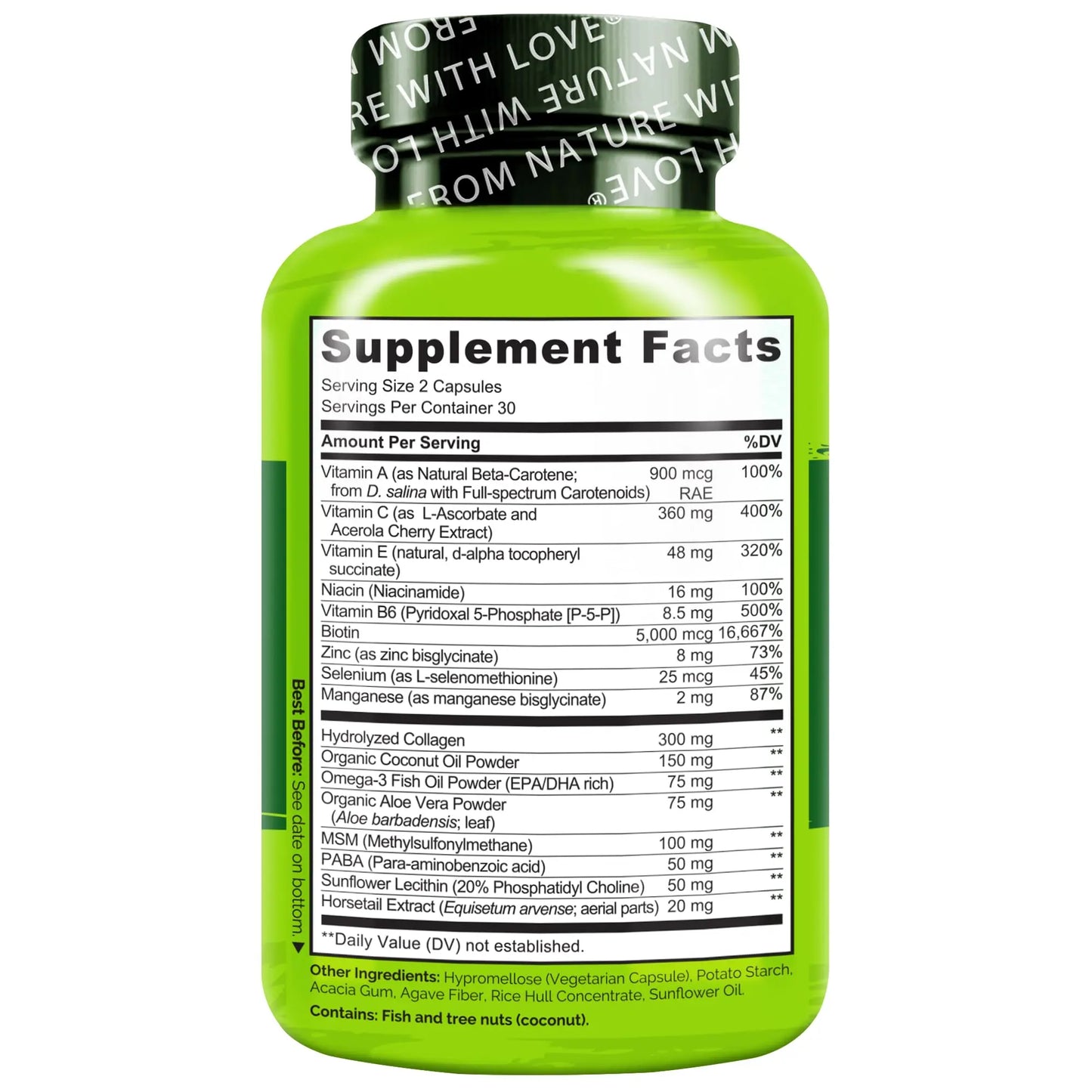 NATURELO Hair, Skin and Nails Vitamins - 5000 mcg Biotin, Collagen, Natural Vitamin E - Supplement for Healthy Skin NATURELO