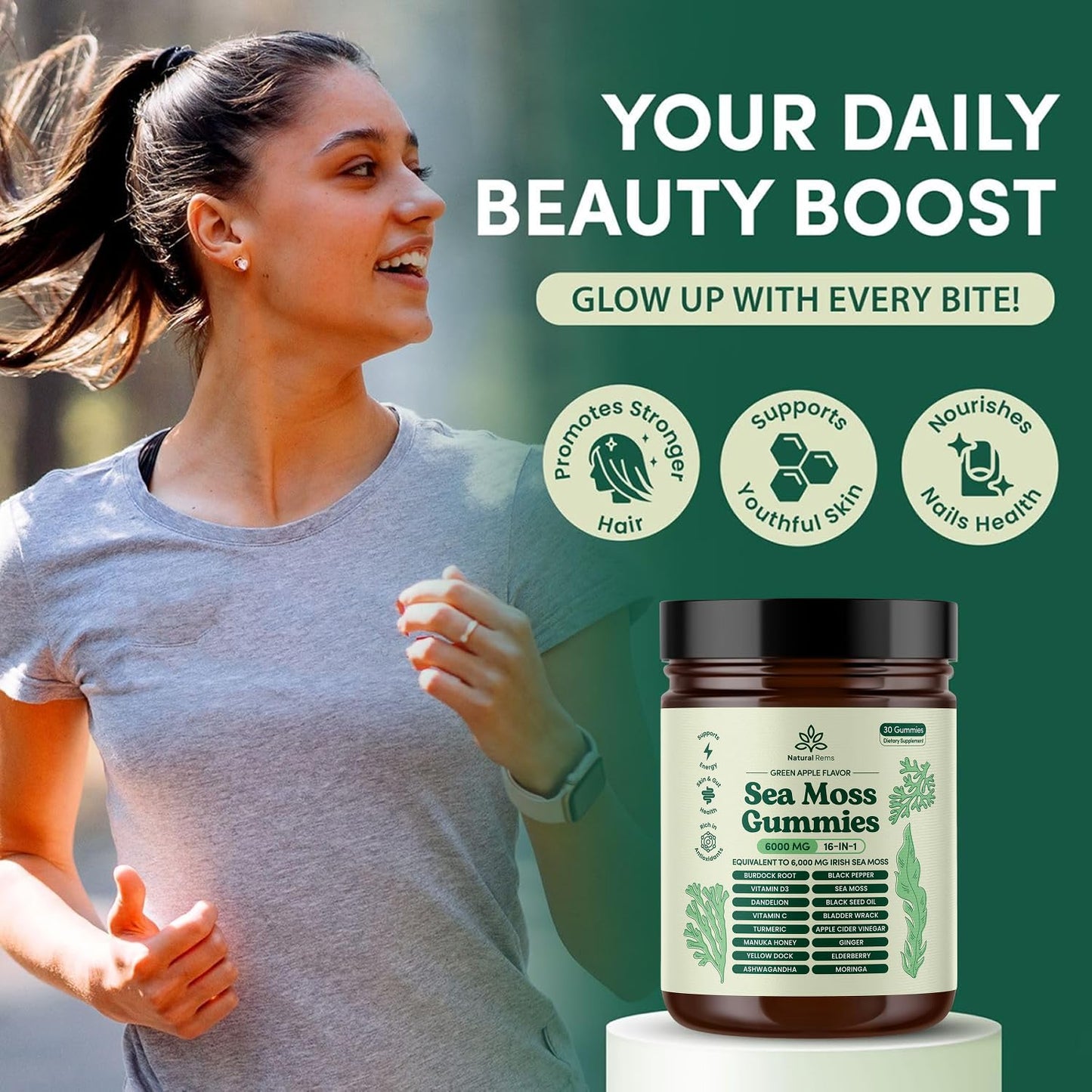 Natural Rems Sea Moss Gummies 16-in-1 - Ashwagandha Black Seed Oil Bladder Wrack Turmeric Vitamin C & D3 with Manuka Burdock Root Dandelion Yellow Natural Rems