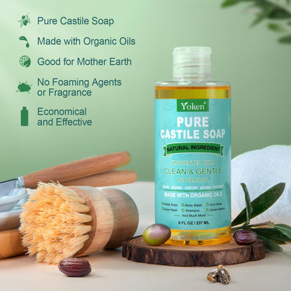 Yoken Pure Castile Liquid Soap Organic (EWG Verified, Unscented, 8 OZ), Made with Organic Oils, No Added Fragrance, Vegan, Castile Soap Liquid for Face Yoken