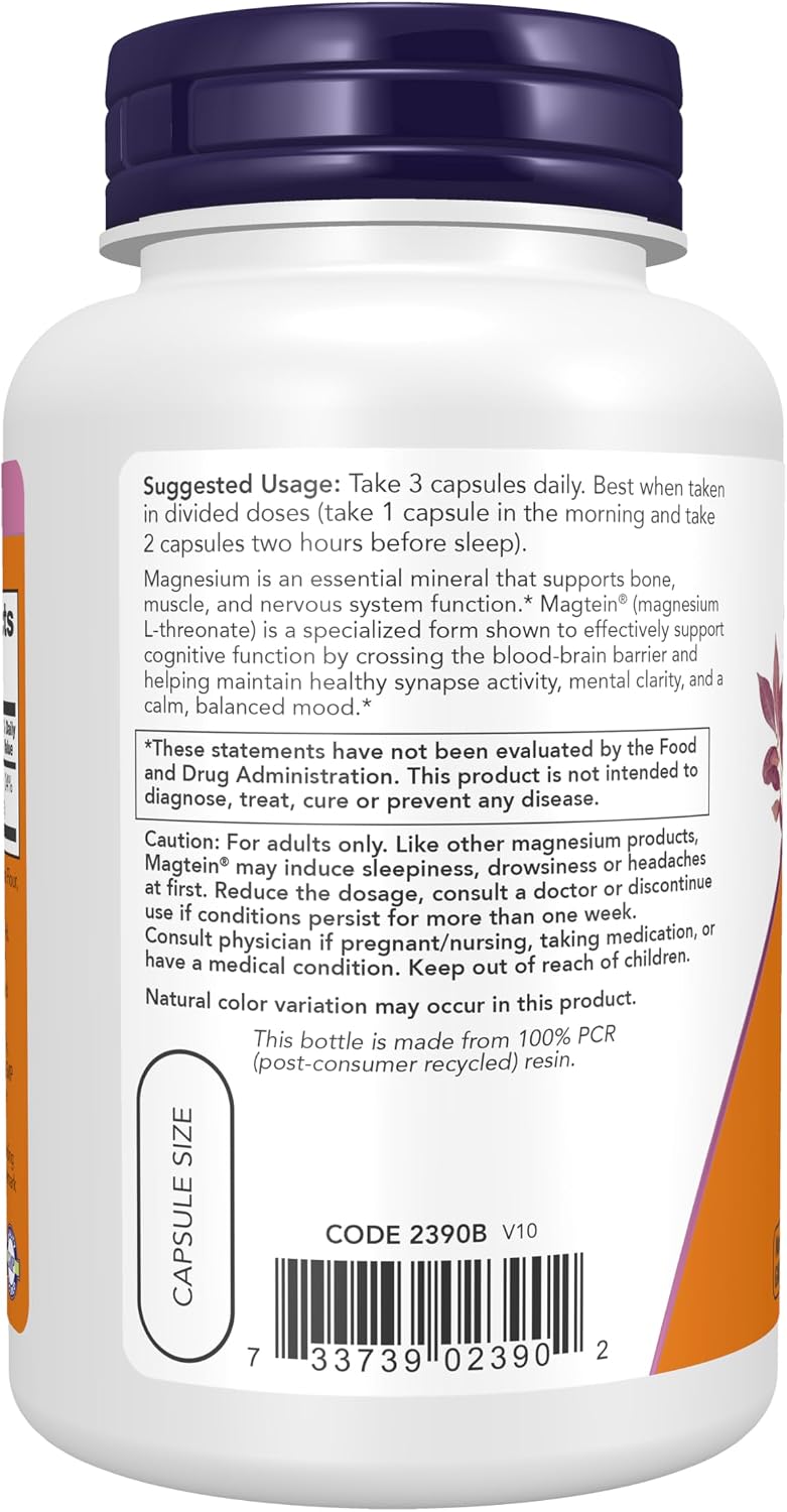 NOW Foods Supplements, Magtein™ with patented form of Magnesium (Mg), Cognitive Support*, 90 Veg Capsules Gsupps Australia