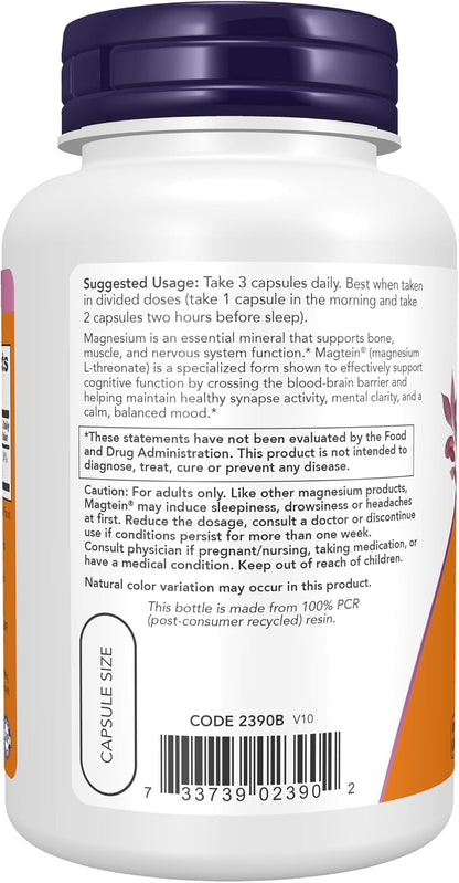 NOW Foods Supplements, Magtein™ with patented form of Magnesium (Mg), Cognitive Support*, 90 Veg Capsules Gsupps Australia