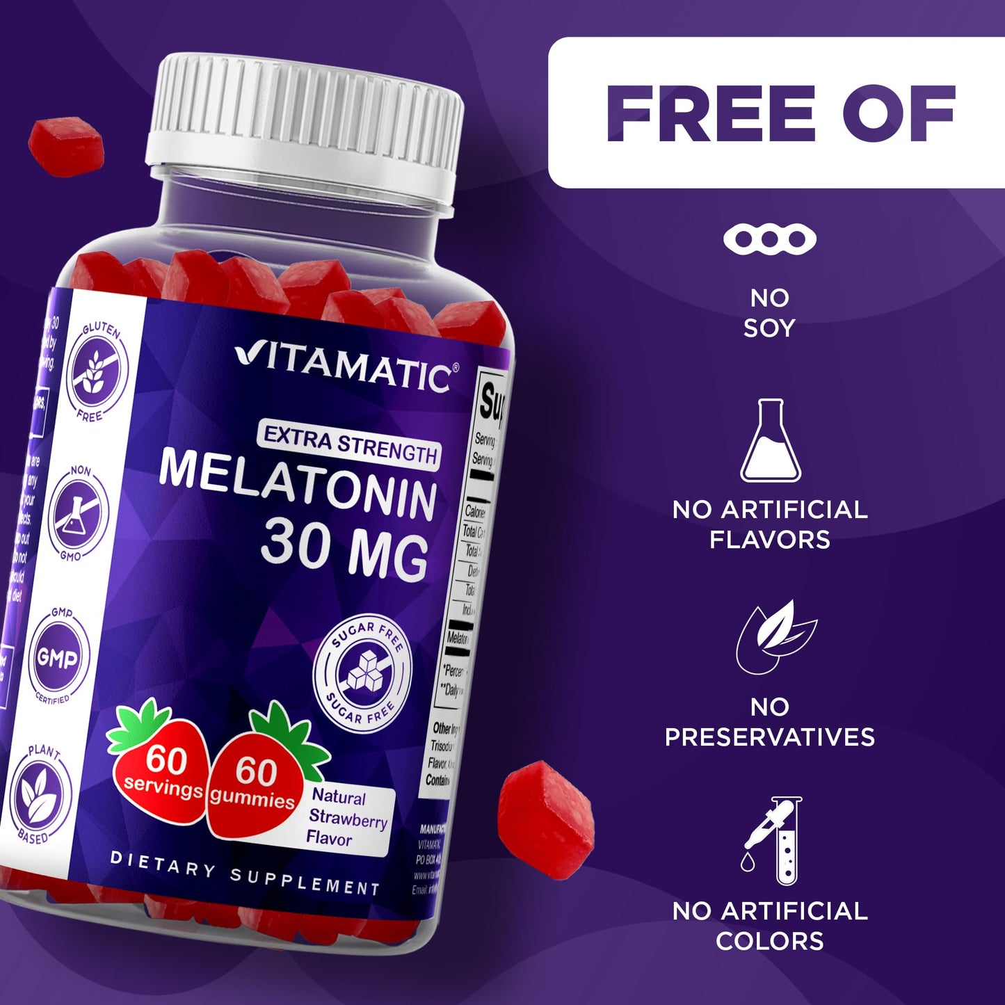 Vitamatic Sugar Free Melatonin 30mg per Gummy - 60 Servings - 60 Vegetarian Gummies - Non-Habit Forming Supplement (60 Count (Pack of 1)) Vitamatic