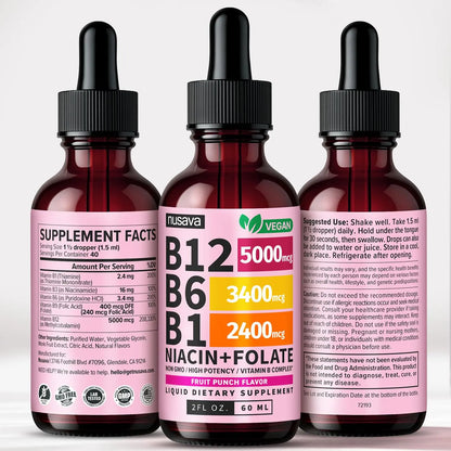 (2 Pack) Vitamin B12 and B6 Liquid Drops, B12 Sublingual Vitamin B Complex - B 12 Vitamin 5000mcg - B12 Methylcobalamin for Energy, Brain, and Heart Support NUSAVA
