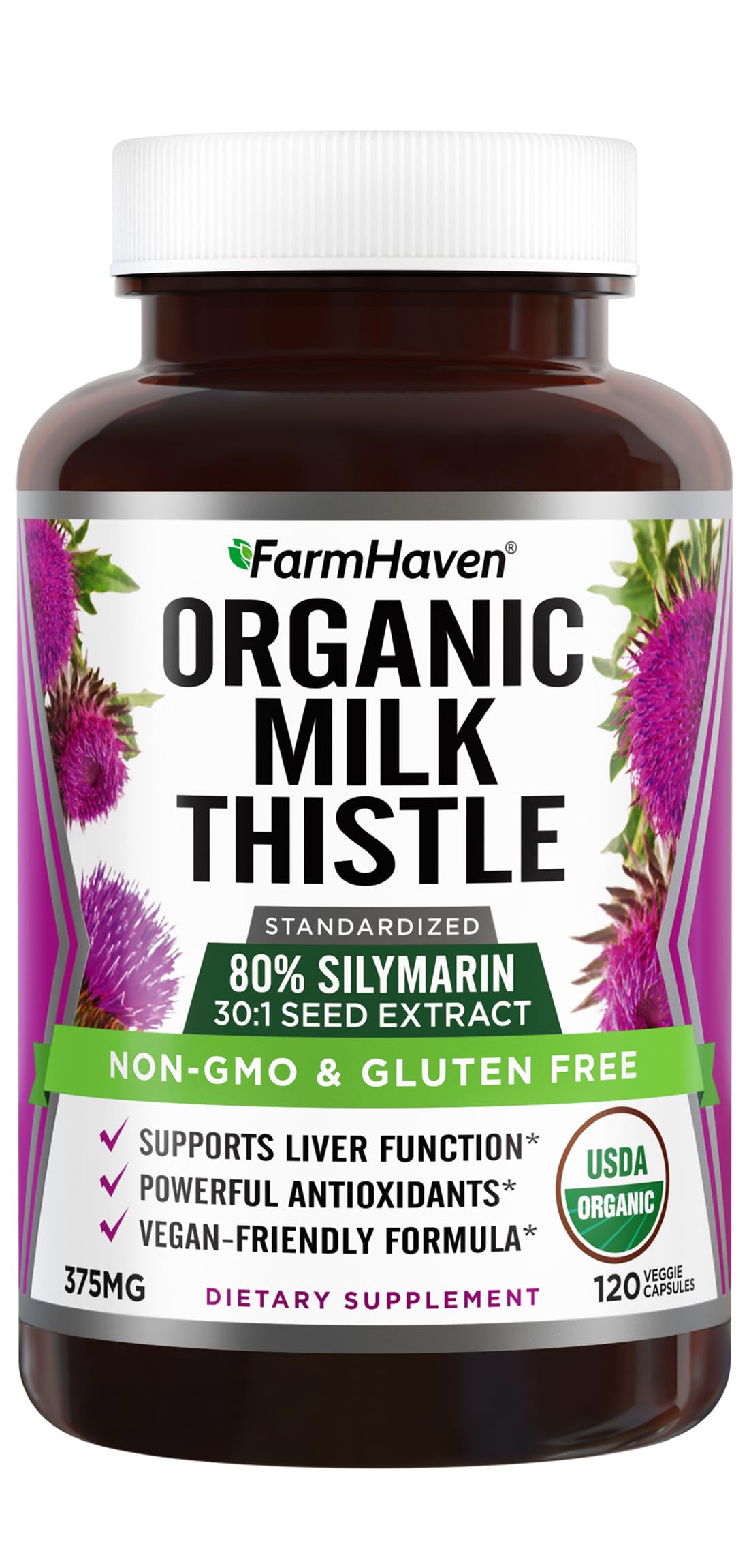FarmHaven USDA Organic Milk Thistle Capsules | 30X Concentrated Seed Extract & 80% Silymarin Standardized - Supports Liver Function and Overall Health FarmHaven