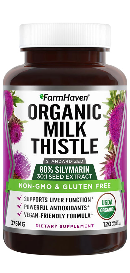 FarmHaven USDA Organic Milk Thistle Capsules | 30X Concentrated Seed Extract & 80% Silymarin Standardized - Supports Liver Function and Overall Health FarmHaven