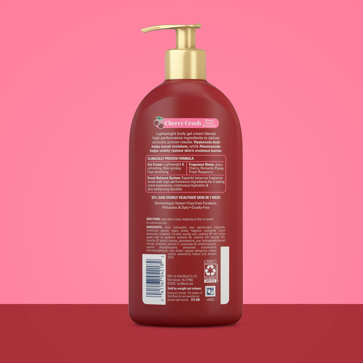 Gold Bond Cherry Crush Hydrating Gel Cream, Juicy Cherry Crush Scent, 24-Hour Hydrating Body Lotion with Hyaluronic Acid and Niacinamide, 14 oz. Gold Bond