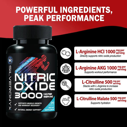 Extra Strength Nitric Oxide Booster - 3X Strength L-Arginine AKG & Citrulline Malate - Men & Women Premium Pre Workout Nitric Booster - Natural Energy & Muscle Support SILVERONYX