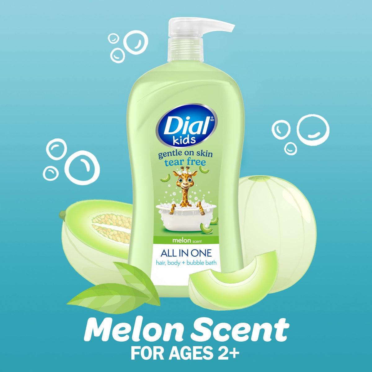 Dial Kids All-in-1 Body Wash + Hair + Bubble Bath, Melon Scent, 32 Fl Oz, Hypoallergenic Body Wash & Shampoo, No Tears Formula for Kids 2+ Years, No Parabens & Silicones Dial