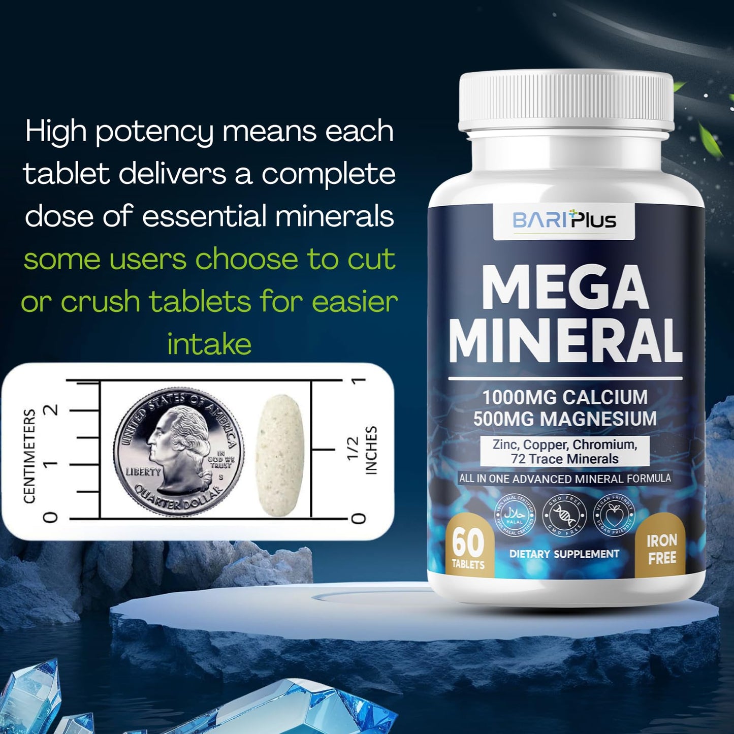 Mega Mineral – Complete Complex with Vitamin D, Calcium, Magnesium, Zinc, Potassium, Boron, Selenium, Chromium & Trace Minerals – Iron-Free – USA Made – 60 Tablets BARIPLUS