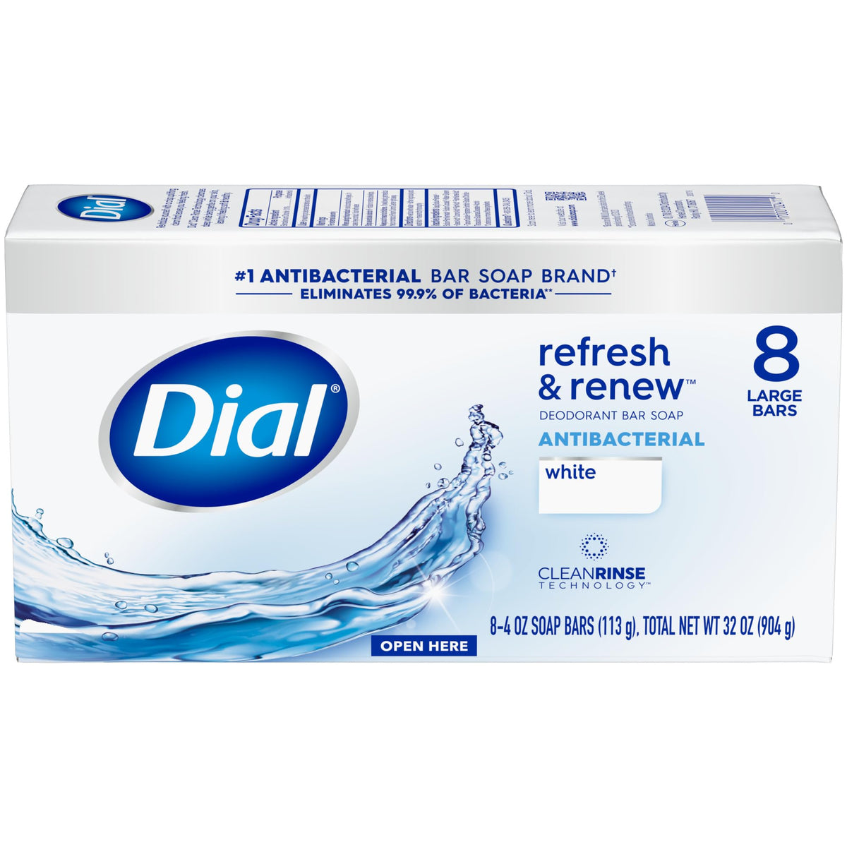 Dial Antibacterial Bar Soap, Refresh & Renew, White, 4 oz, 32 Bars Dial