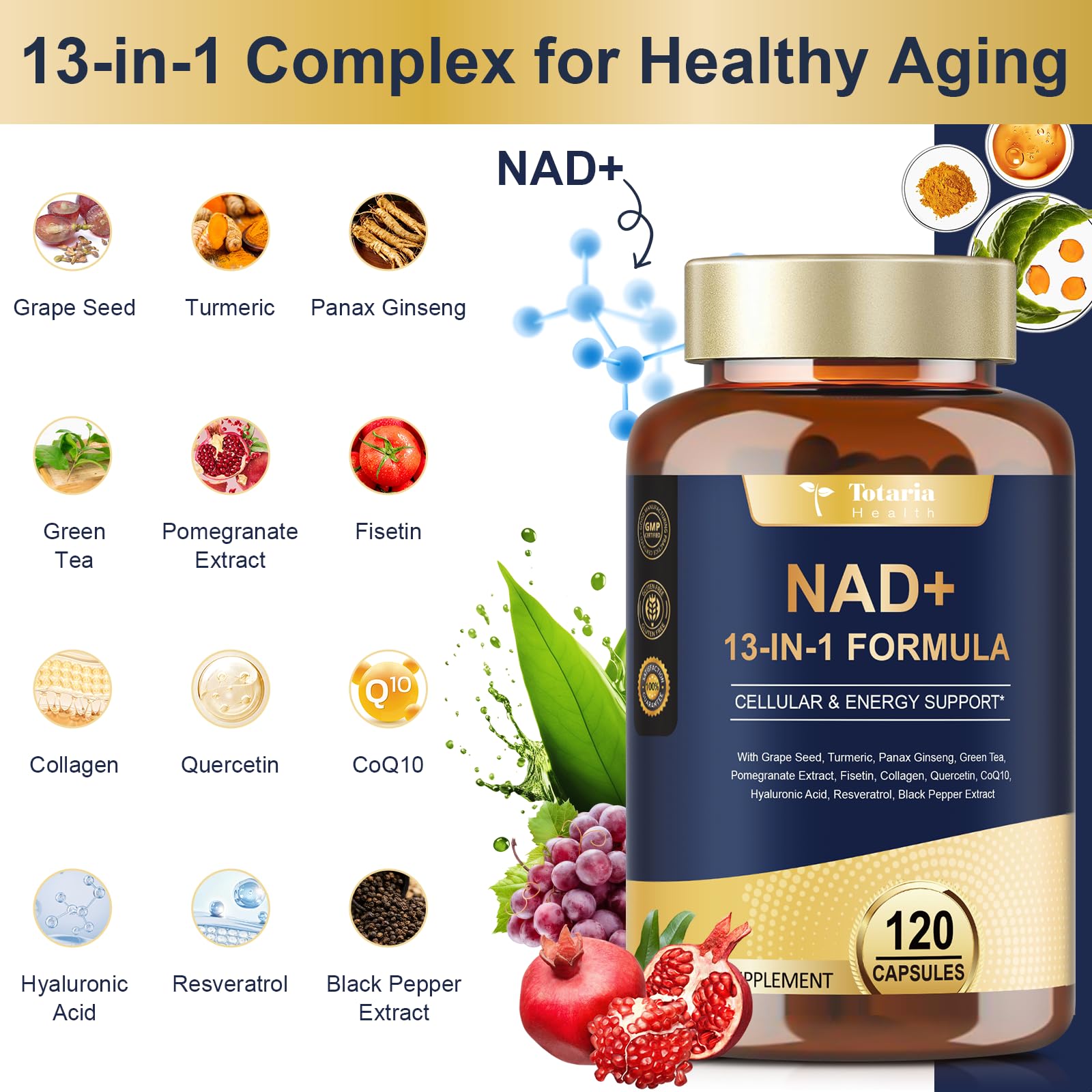 Totaria (2 Packs) NAD Supplement for Women Men with nicotinamide riboside resveratrol,Quercetin, Betaine Boost NAD+ Levels NAD Plus Supplement for Anti Aging, Energy, Immune, Focus 120 Capsules Totaria buy australia supplements