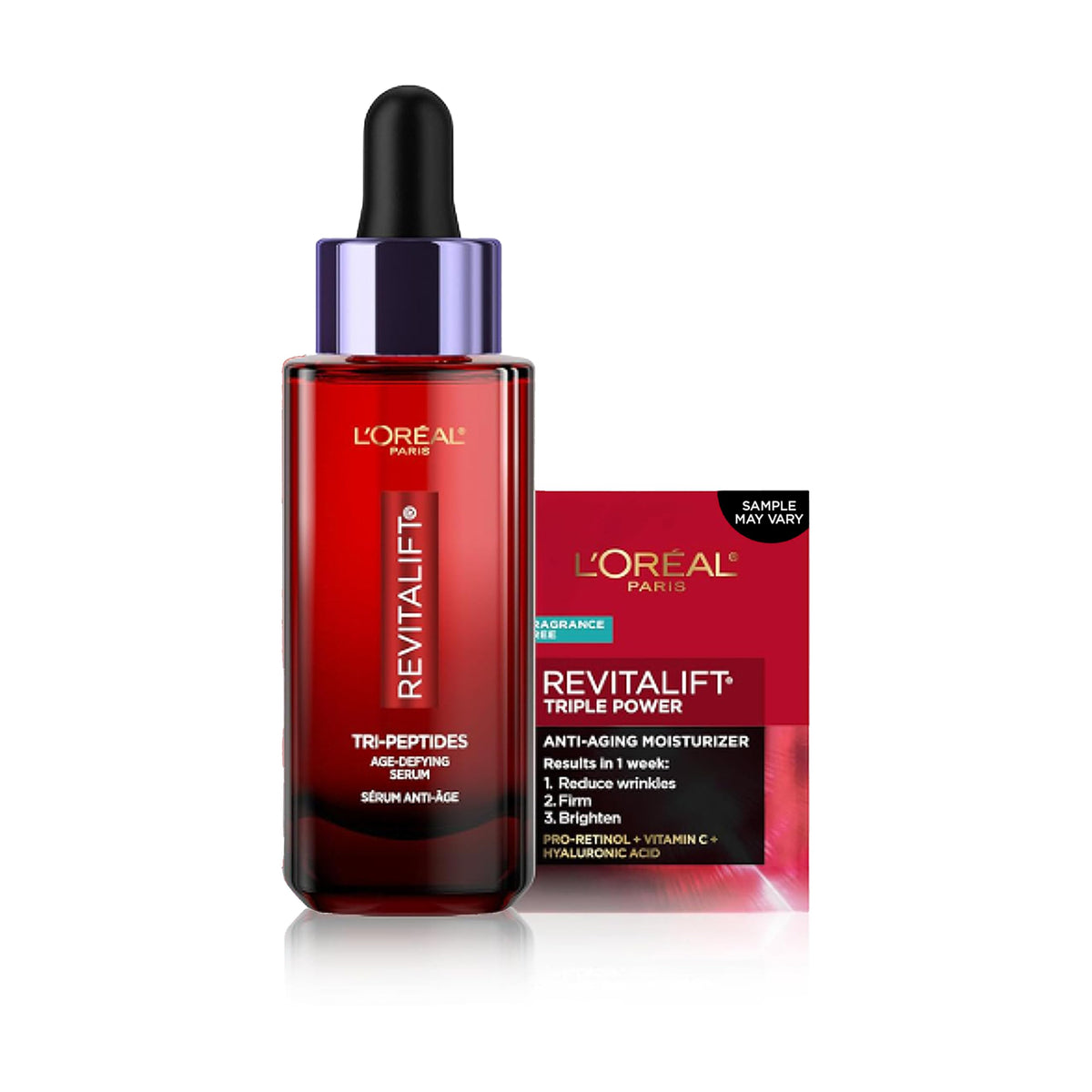 L'Oreal Paris Revitalift Triple Power Face Serum with Tri-Peptides, Hyaluronic Acid and Vitamin C, Anti Aging, Anti Wrinkle Serum to Firm and Brighten, 1 FL oz, + Sample L'Oreal Paris
