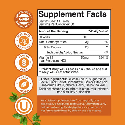 Potent Vitamin B6 Gummies for Adults - Potent Vitamin B Complex Supplements for Men & Women for Nervous System Support Mood & Immune System - Vegan Pyridoxine Chews for Energy & Metabolism - 30 Count Gsupps Australia