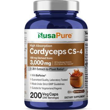 NusaPure Cordyceps 20:1 Extract, 150 mg Equivalent to 3,000mg 200 Veggie Capsules (Sinensis CS-4, Non-GMO, Vegan) Bioperine NusaPure buy australia supplements