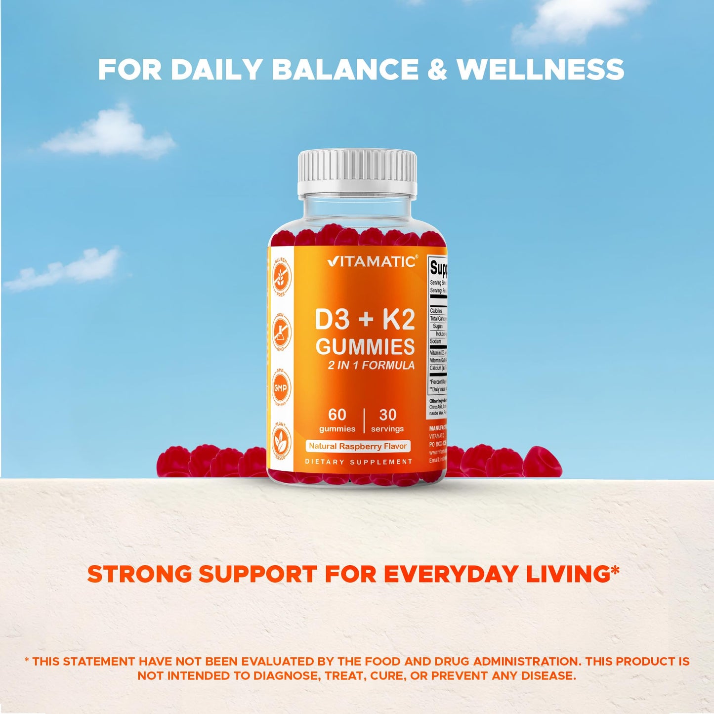 Vitamatic Vitamin D3 & K2 Gummies (2-Pack, 60 Count) Supports Healthy Bones, Heart Health, Calcium Absorption, Vitamatic