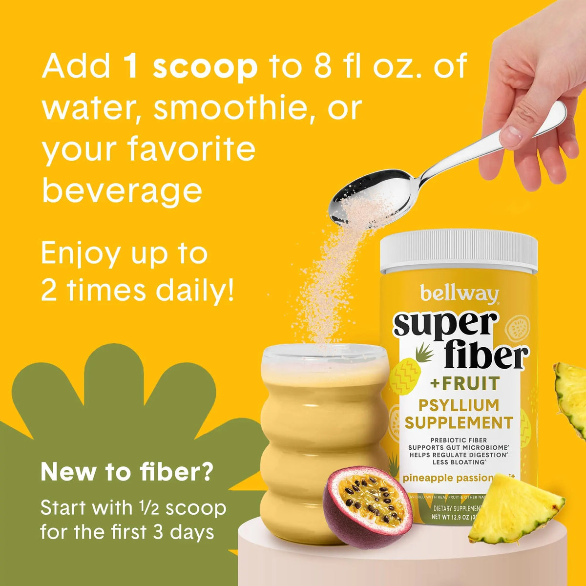 Bellway Super Fiber Powder + Fruit, Sugar Free Organic Psyllium Husk Powder Fiber Supplement for Regularity, Bloating Relief & Digestive Health, Plant-Based, Bellway