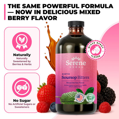 Serene Herbs Soursop Bitters Liquid with Soursop Leaves for Gut Cleanse, Detox & Immune Boost with Black Seed, Moringa, Irish Moss, Ashwaganda, Turmeric, 16 fl oz (16 Fl, Soursop)