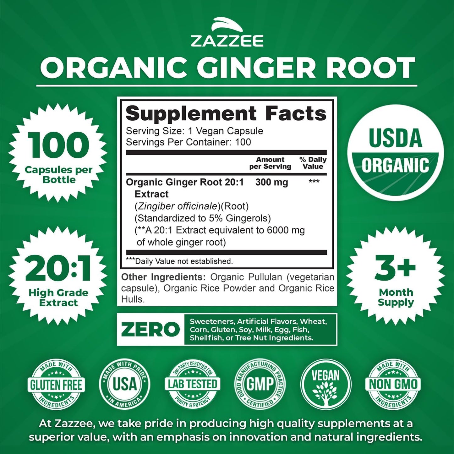 Zazzee USDA Organic Ginger Root 20:1 Extract, 5% Gingerols, 100 Capsules | Vegan, 3+ Month Supply, Digestive & Stomach Support, Zingiber Officinale, All-Natural, Non-GMO, Made in the USA Gsupps Australia