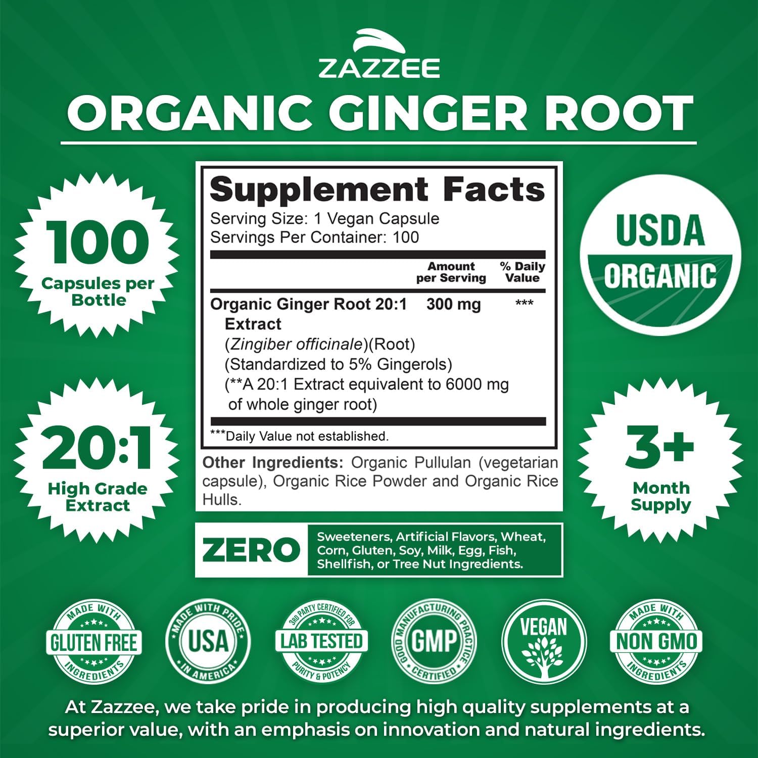 Zazzee USDA Organic Ginger Root 20:1 Extract, 5% Gingerols, 100 Capsules | Vegan, 3+ Month Supply, Digestive & Stomach Support, Zingiber Officinale, All-Natural, Non-GMO, Made in the USA Gsupps Australia