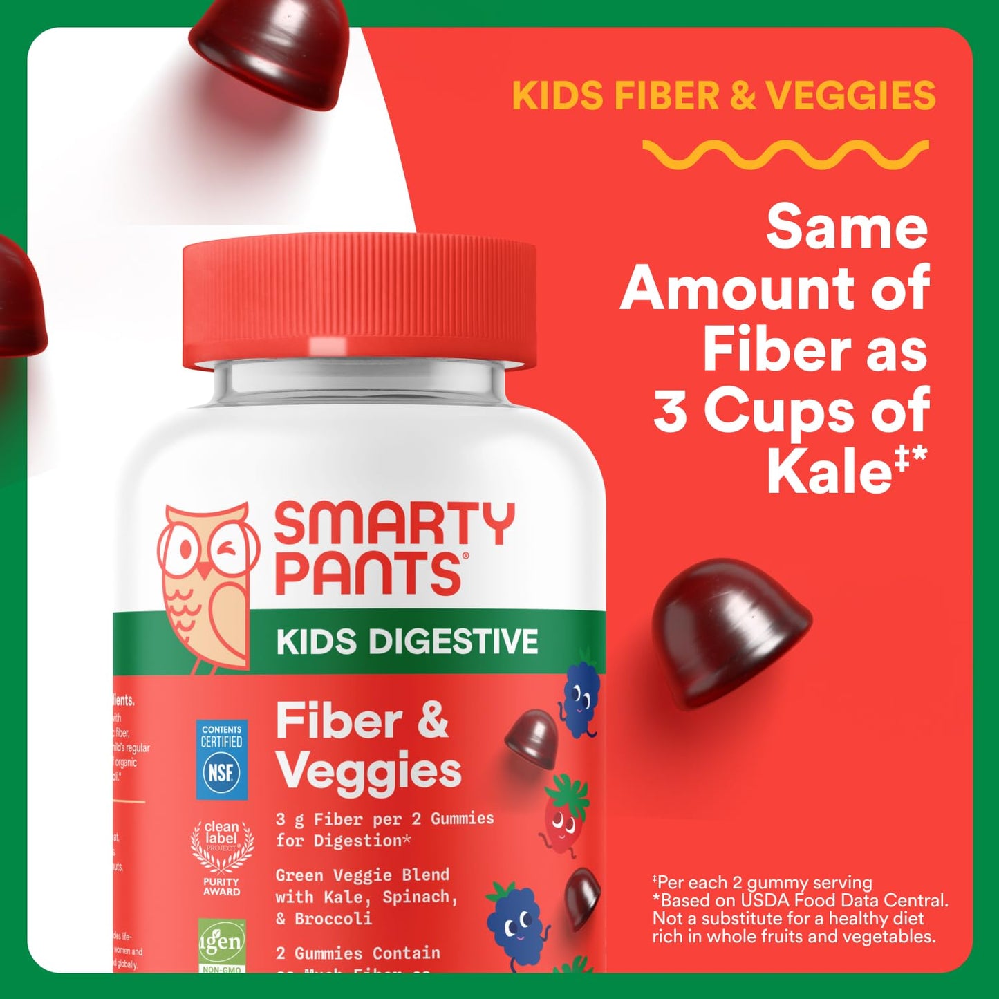 SmartyPants Kids Fiber & Veggies: Prebiotic Fiber Gummies for Kids, Fiber Supplement with Inulin, Organic Green Veggie Blend, Vegan, Gluten Free SmartyPants