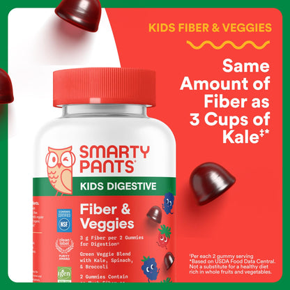 SmartyPants Kids Fiber & Veggies: Prebiotic Fiber Gummies for Kids, Fiber Supplement with Inulin, Organic Green Veggie Blend, Vegan, Gluten Free SmartyPants