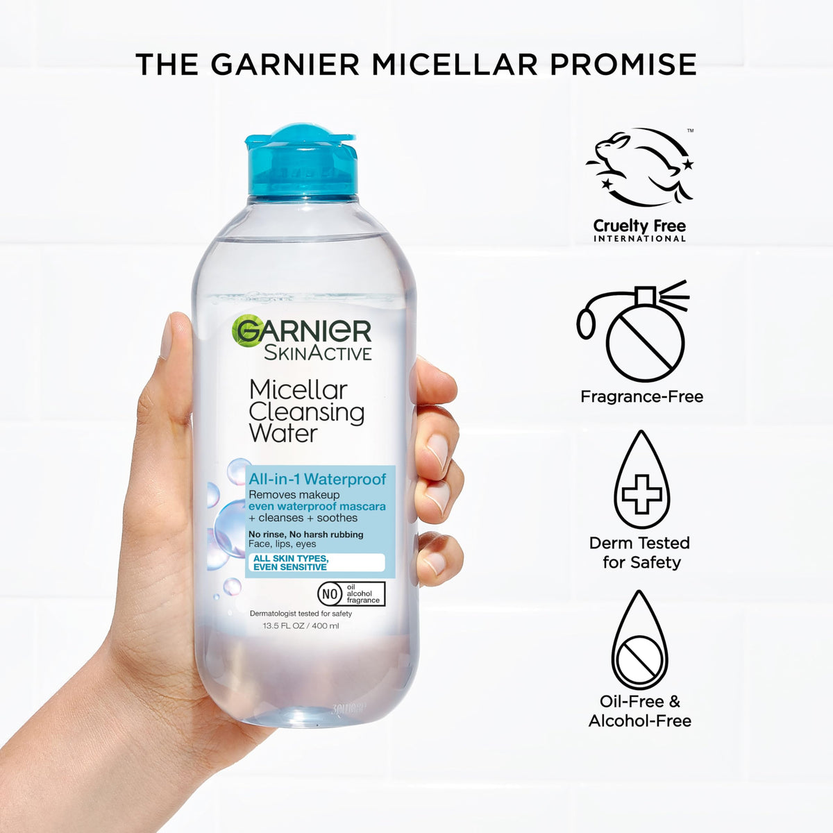 Garnier Micellar Water For Waterproof Makeup, Hydrating Facial Cleanser & Makeup Remover, Suitable for Sensitive Skin, Vegan, Cruelty Free, 13.5 Fl Oz (400mL), 1 Count Garnier