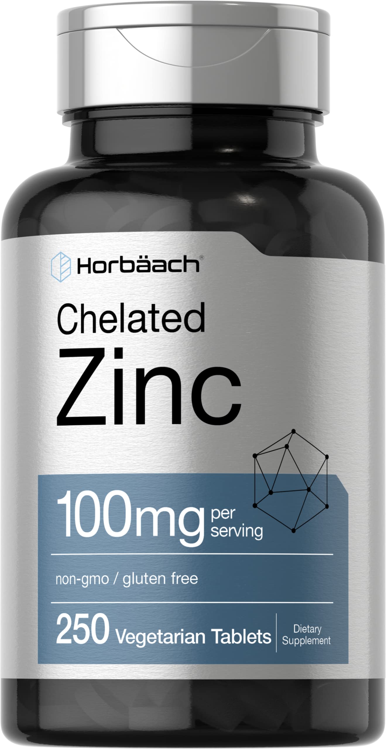 Horbäach Chelated Zinc Supplement 100mg | 250 Tablets | High Potency & Superior Absorption | Vegetarian, Non-GMO, Gluten Free Horbäach