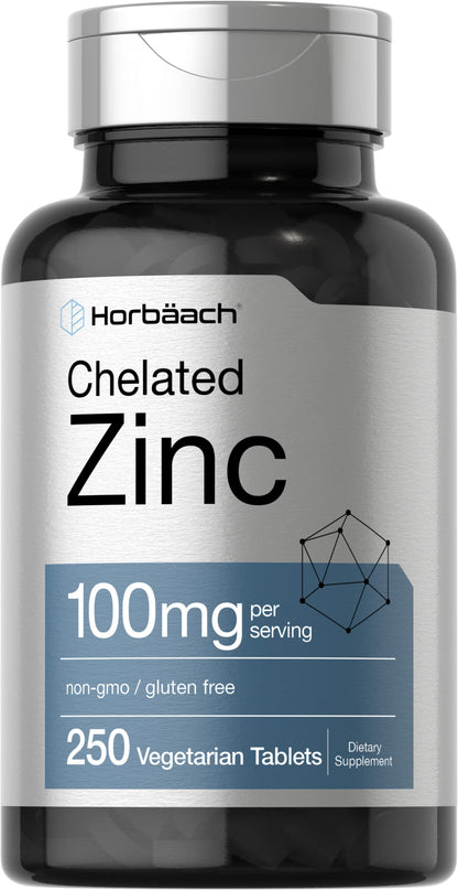 Horbäach Chelated Zinc Supplement 100mg | 250 Tablets | High Potency & Superior Absorption | Vegetarian, Non-GMO, Gluten Free Horbäach