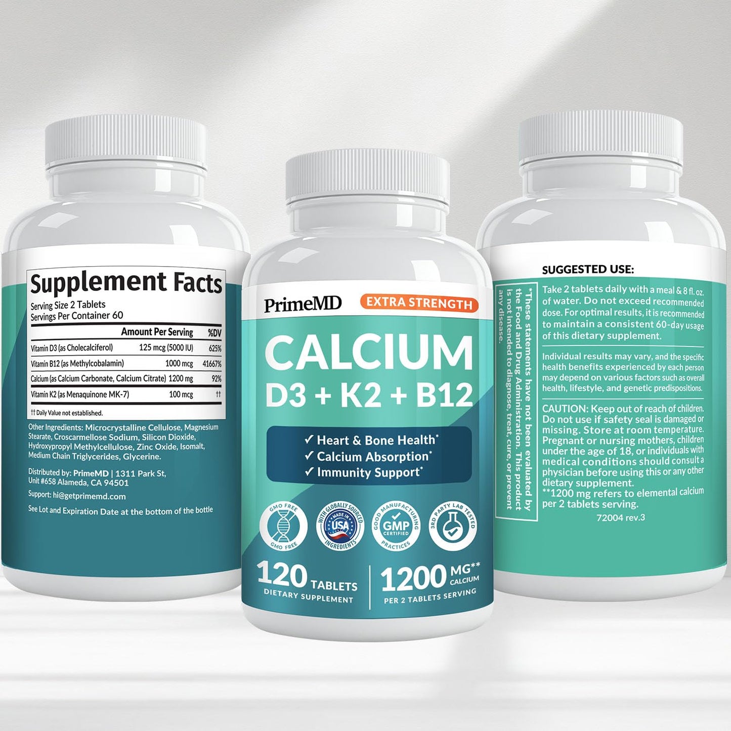 4-in-1 Calcium 1200 mg with Vitamin D3 K2 - Extra Strength Calcium Supplements for Women & Men with D3 K2 Vitamin 5000 IU - Everyday Vitality Supplement PrimeMD