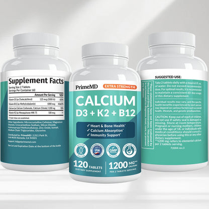 4-in-1 Calcium 1200 mg with Vitamin D3 K2 - Extra Strength Calcium Supplements for Women & Men with D3 K2 Vitamin 5000 IU - Everyday Vitality Supplement PrimeMD