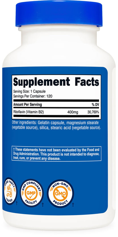 Nutricost Vitamin B2 (Riboflavin) 400mg, 120 Capsules - Gluten Free, Non-GMO Nutricost