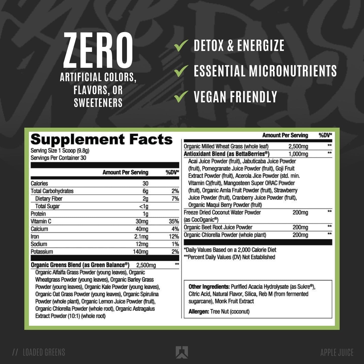 RYSE Loaded Greens Superfood Powder - Apple Juice - Daily Supplement with Greens Balance, BettaBerries & Sukre Fiber - Supports Digestion, Immunity & Energy - No Artificial Sweeteners - 30 Servings