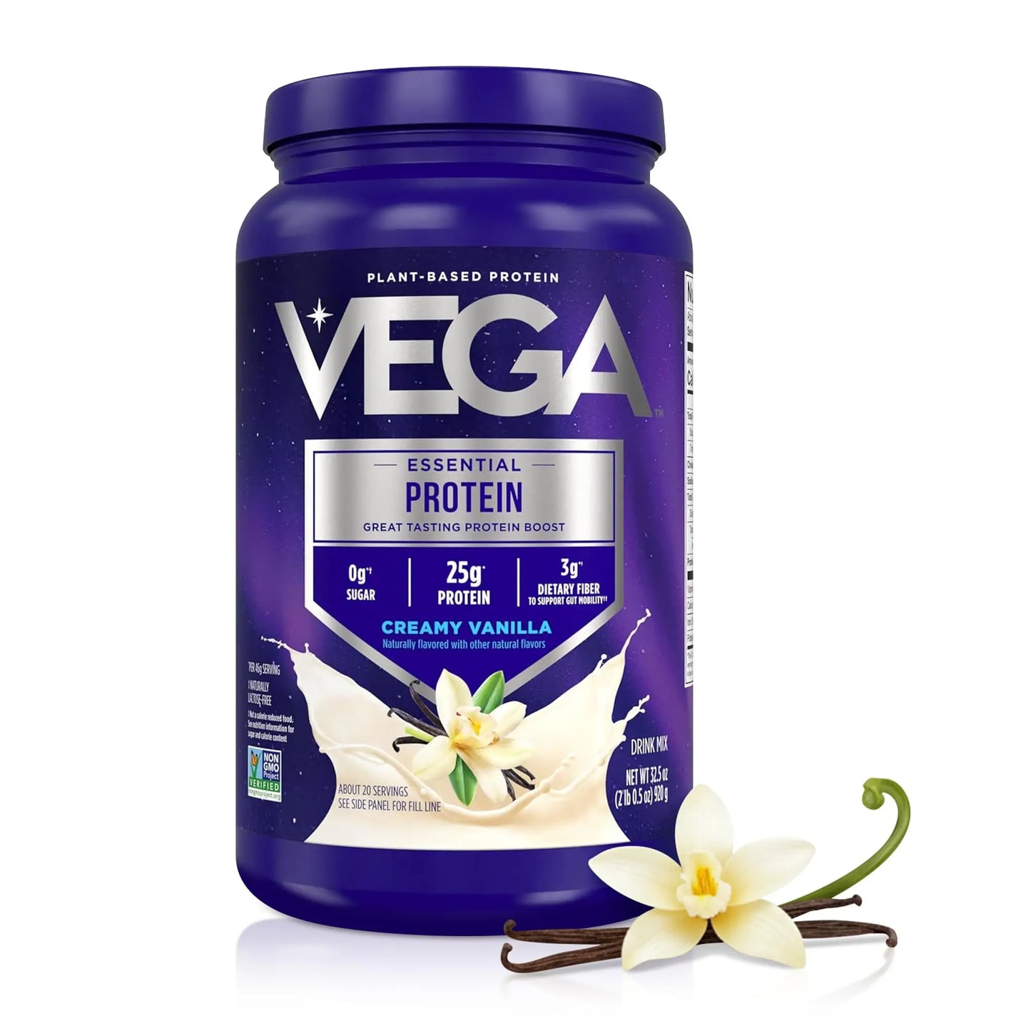 Vega Essential Protein – 25g Plant Based Protein Powder, Creamy Vanilla, Vegan for a Dairy-Free Vanilla Shake – Large Tub, 32.5oz (20 Servings) Vega