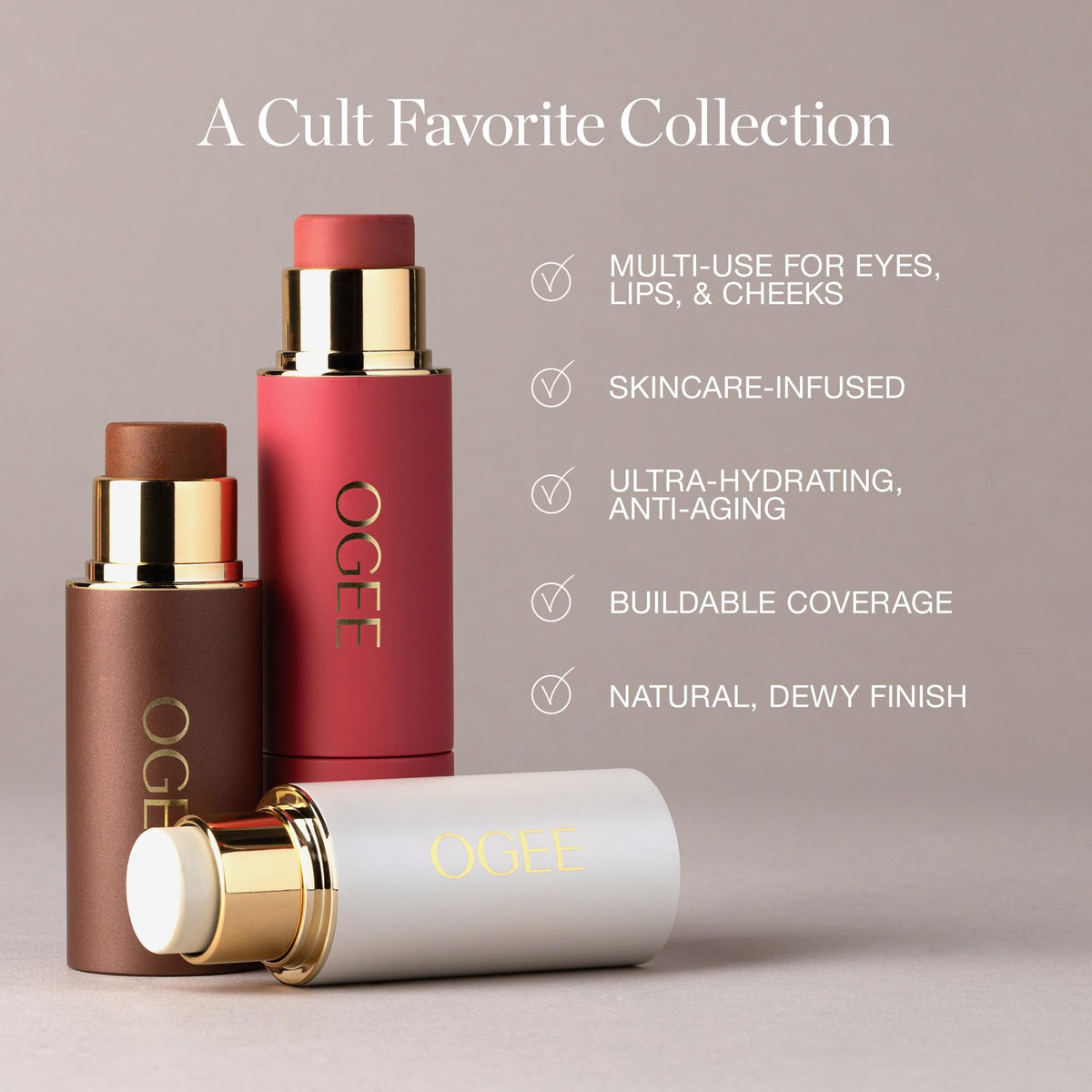 Ogee Face Stick Crystal Collection Trio - Contour Stick Makeup Collection - Certified Organic Contour Palette - Includes Bronzer Stick, Blush Stick & Highlighter Stick Ogee