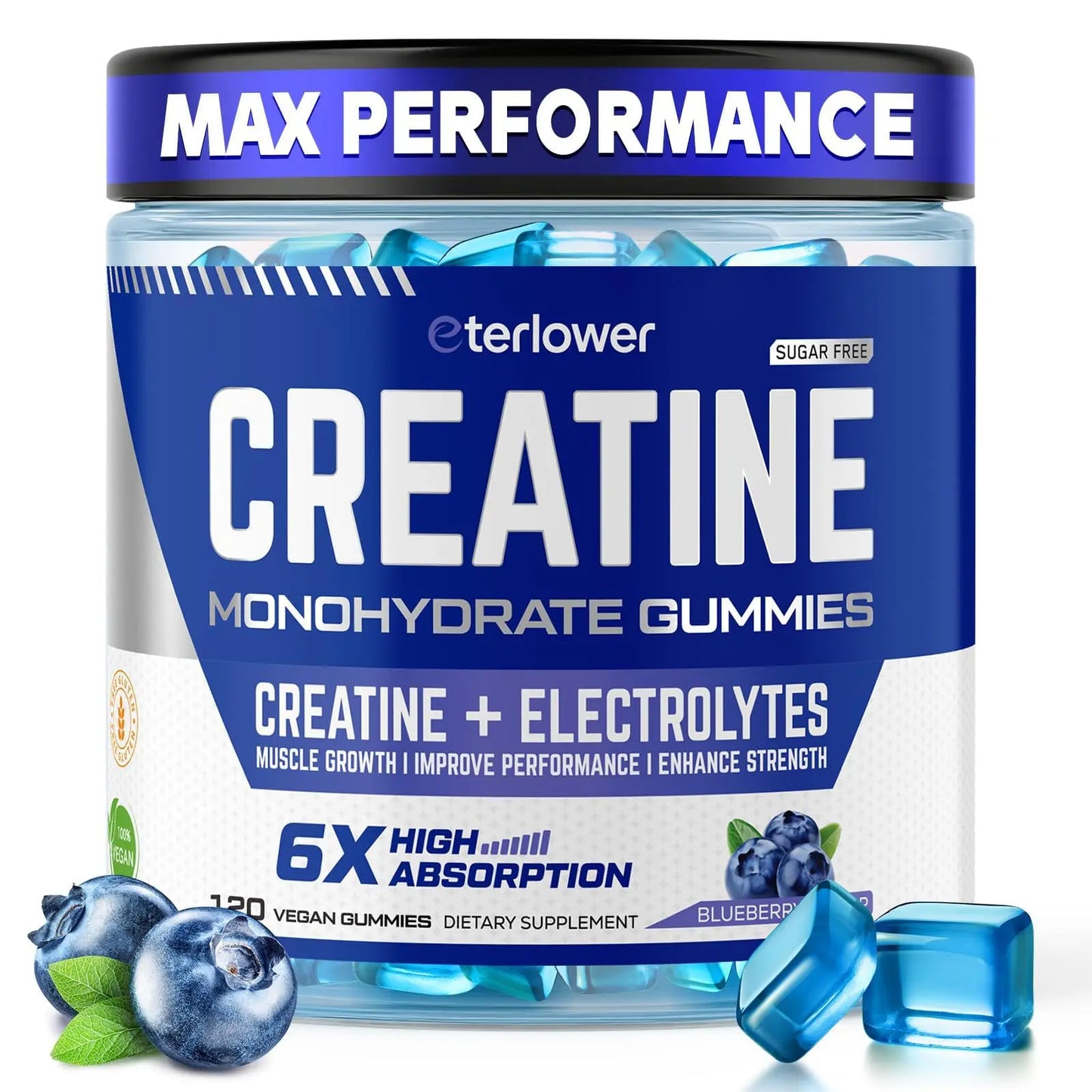 eterlower Creatine Monohydrate Gummies 5g – Pre-Workout Energy & Muscle Growth Support for Men & Women | Blueberry Electrolyte Gummies, 120 Count eterlower