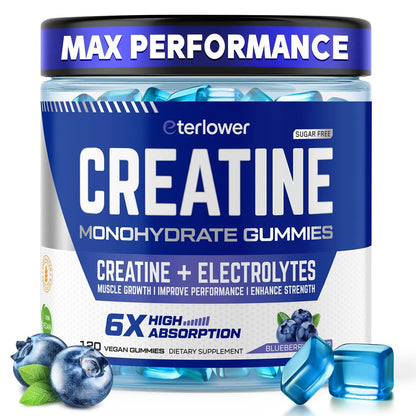 eterlower Creatine Monohydrate Gummies 5g – Pre-Workout Energy & Muscle Growth Support for Men & Women | Blueberry Electrolyte Gummies, 120 Count eterlower