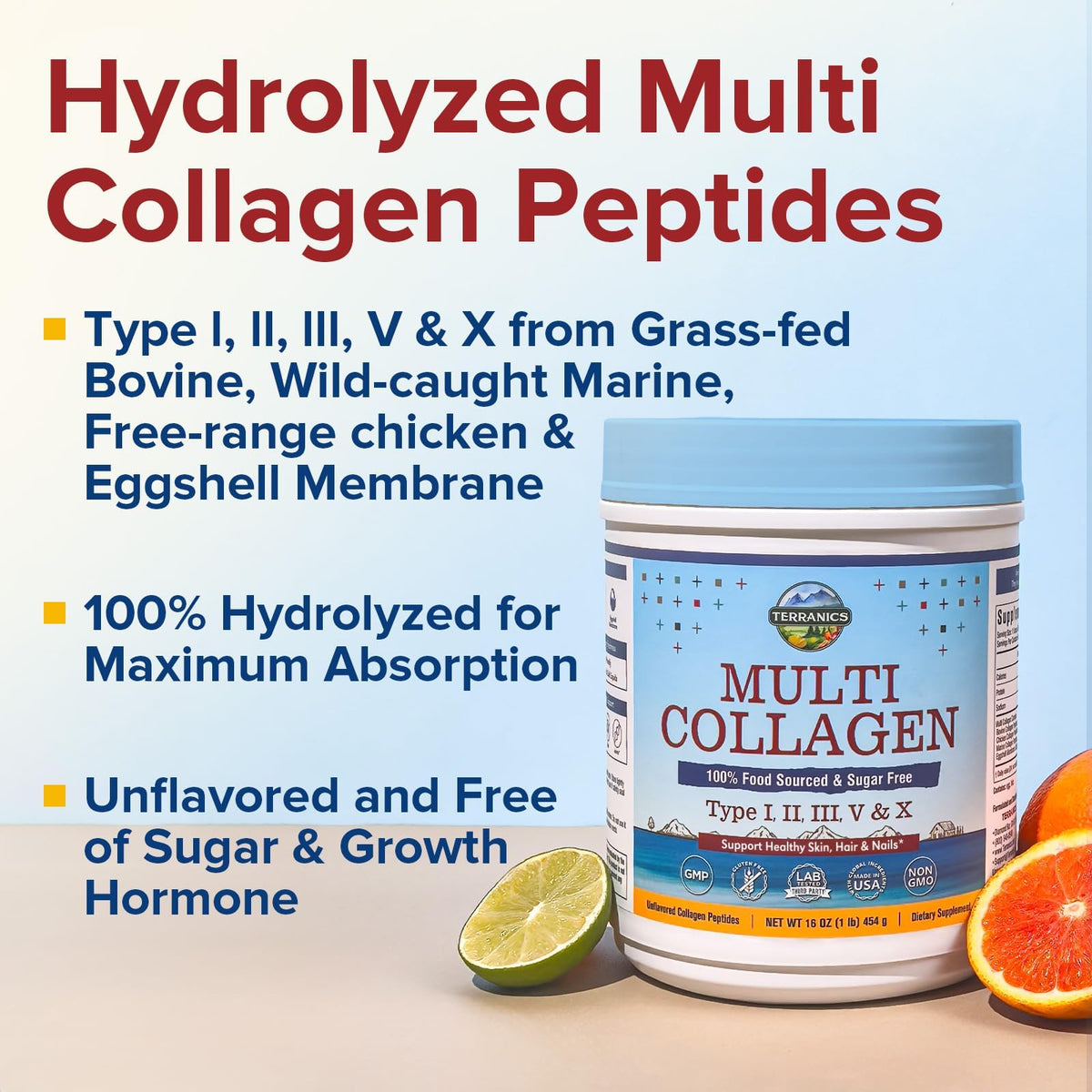 Terranics Multi Collagen Peptides Powder, Type I II III V X Hydrolyzed Collagen for Women+Men, Collagen Supplements, Fast Dissolve Terranics