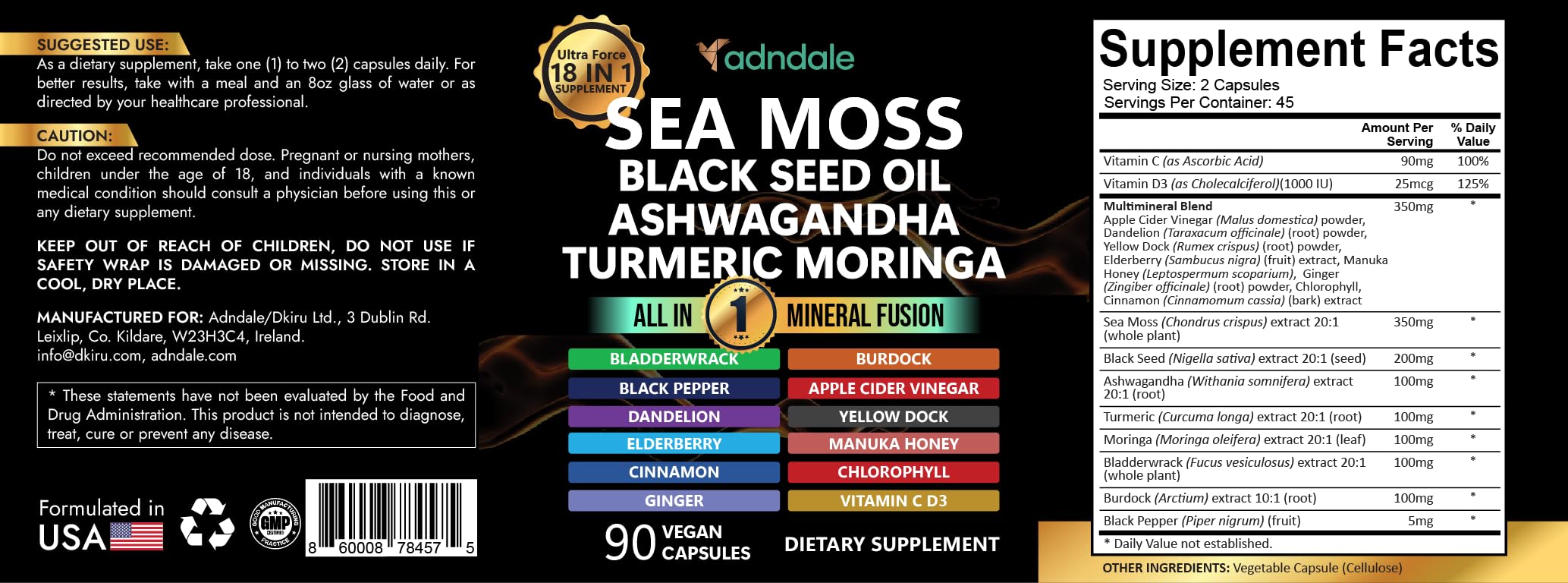 Adndale Sea Moss Capsules - Sea Moss Blend with Ashwagandha, Turmeric- 90 Count