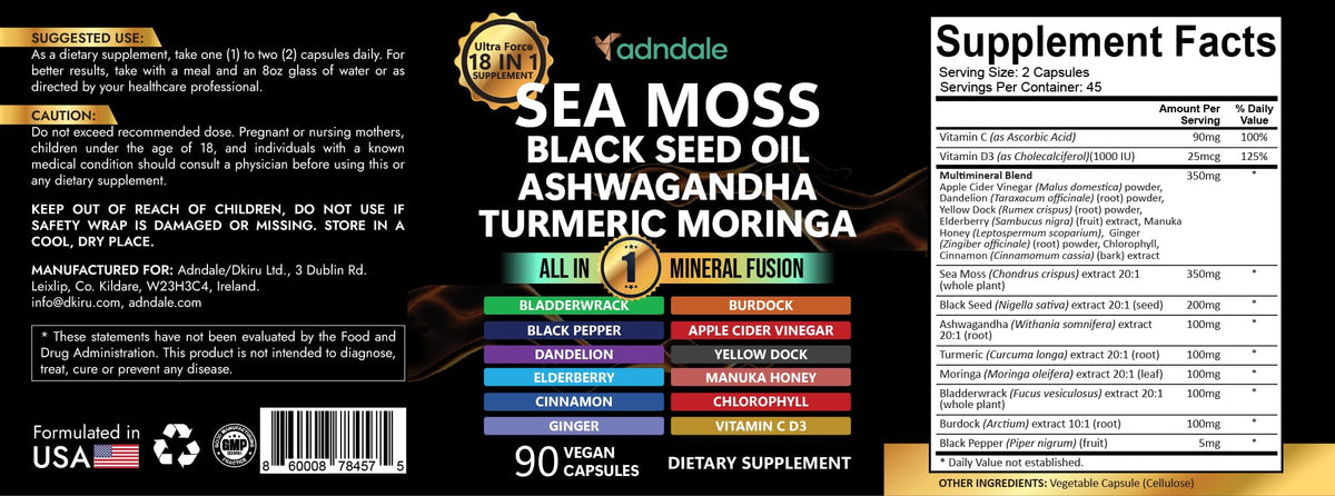 Adndale Sea Moss Capsules - Sea Moss Blend with Ashwagandha, Turmeric- 90 Count Adndale