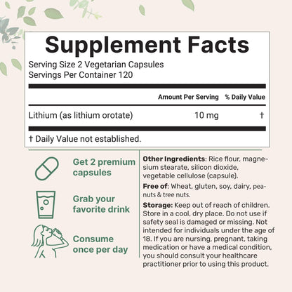 Lithium Orotate 10mg, 240 Veggie Capsules | 5mg Per Capsules | High Bioavailability Trace Mineral | Healthy Aging, Brain Supplement Micro Ingredients