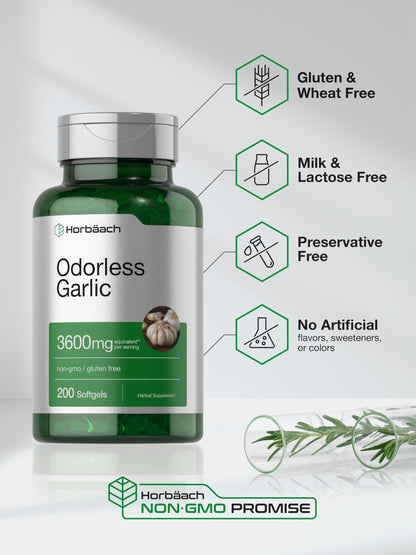 Horbäach Odorless Garlic Softgel Supplement | 200 Count | Ultra Potent Concentrated Herbal Extract | Non-GMO & Gluten Free Horbäach