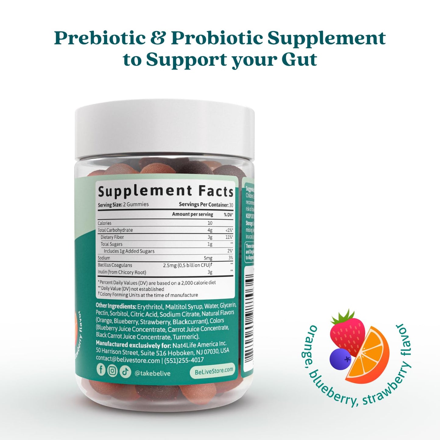 BeLive Synbiotics - Probiotic & Prebiotic Fiber Gummies – High Strength Inulin (3g), Dietary Fiber Supplement, Digestive Support for Kids & Adults - Strawberry, Orange, BeLive