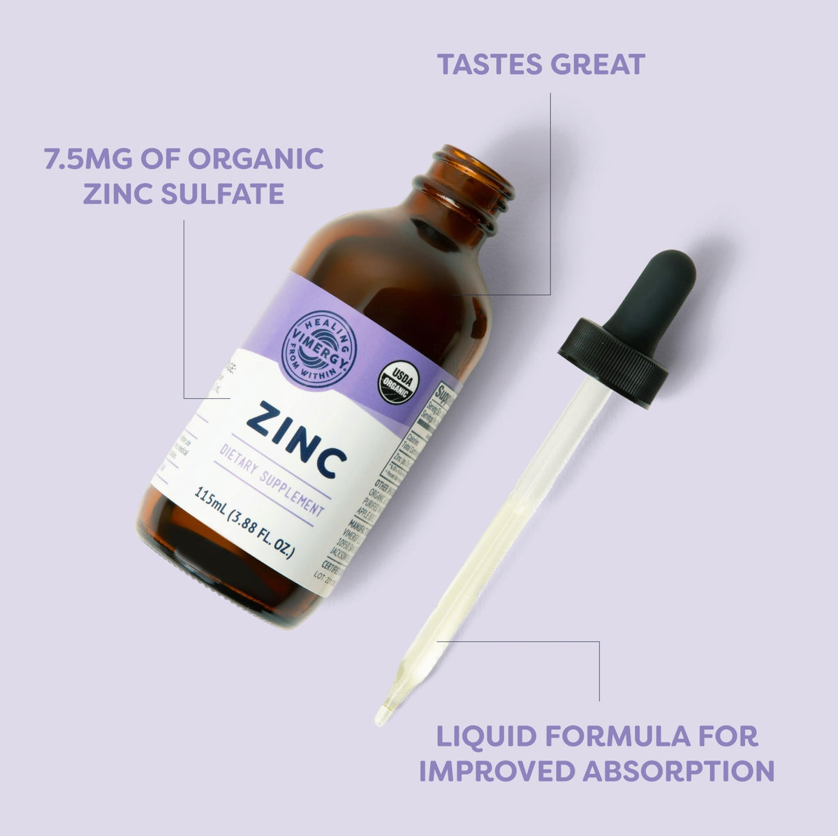 VIMERGY USDA Organic Zinc Supplements for Women & Men (7.5mg Liquid Zinc Per Serving) Fast-Absorbing Immune Support Vimergy