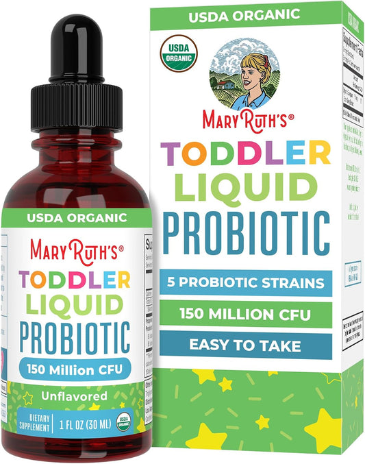 MaryRuth's Organic Toddler Probiotic Liquid Drops | Kids Probiotics for Ages 1-3 | 5 Probiotic Strains | 150 Million CFU Per Serving | USDA Organic | Sugar Free | Vegan | Gluten Free | 1 Fl O