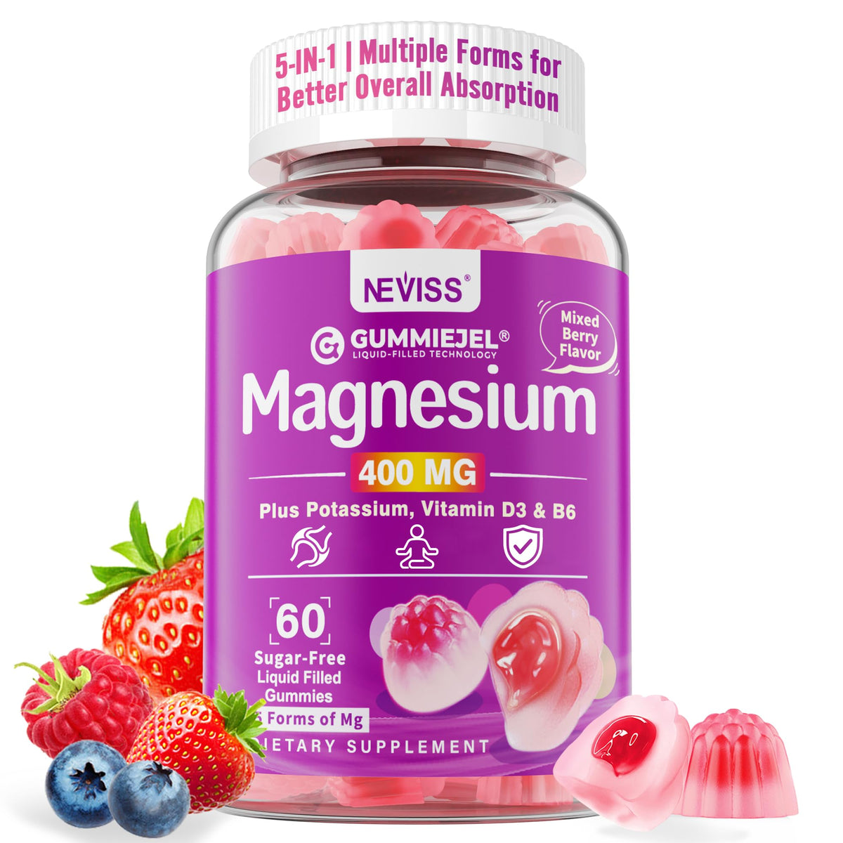 Magnesium Gummies 400mg | 5-in-1 Magnesium Complex for Women & Men: Mag Glycinate, Citrate, Malate, Chloride & Taurate | w/Ashwagandha, D3 & Zinc for Relaxtion, NEVISS
