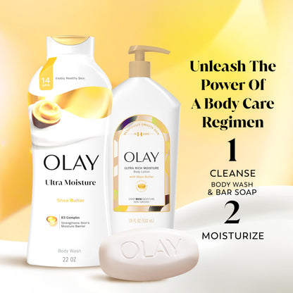 Olay Beauty Bar, Ultra Moisture,10x More Moisturizers, Nourishing Conditioners, Smooth & Gentle on Skin, Vitamin B3 Complex, For All Skin Types, Shea Butter Scent, 3.17 oz, (Pack of 12) Olay
