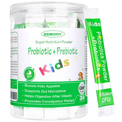 ZEBORA Kids Probiotic & Prebiotics Powder Age 3+ Support Children's Digestive & Immune System with Natural Source, Promotes Constipation Relief, Non-GMO ZEBORA