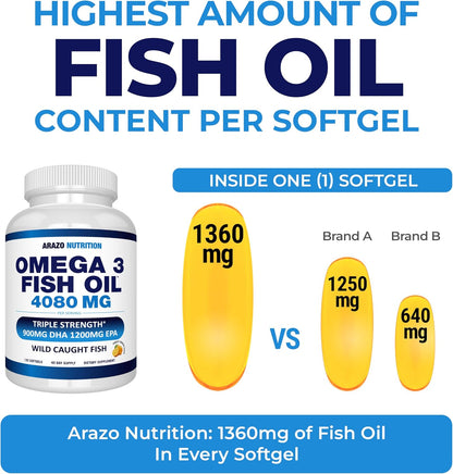 Arazo Nutrition Wild Caught Omega-3 Fish Oil Concentrate – 4,080mg per Serving – High EPA 1200mg & DHA 900mg – 120 Burpless Lemon Softgels Gsupps Australia